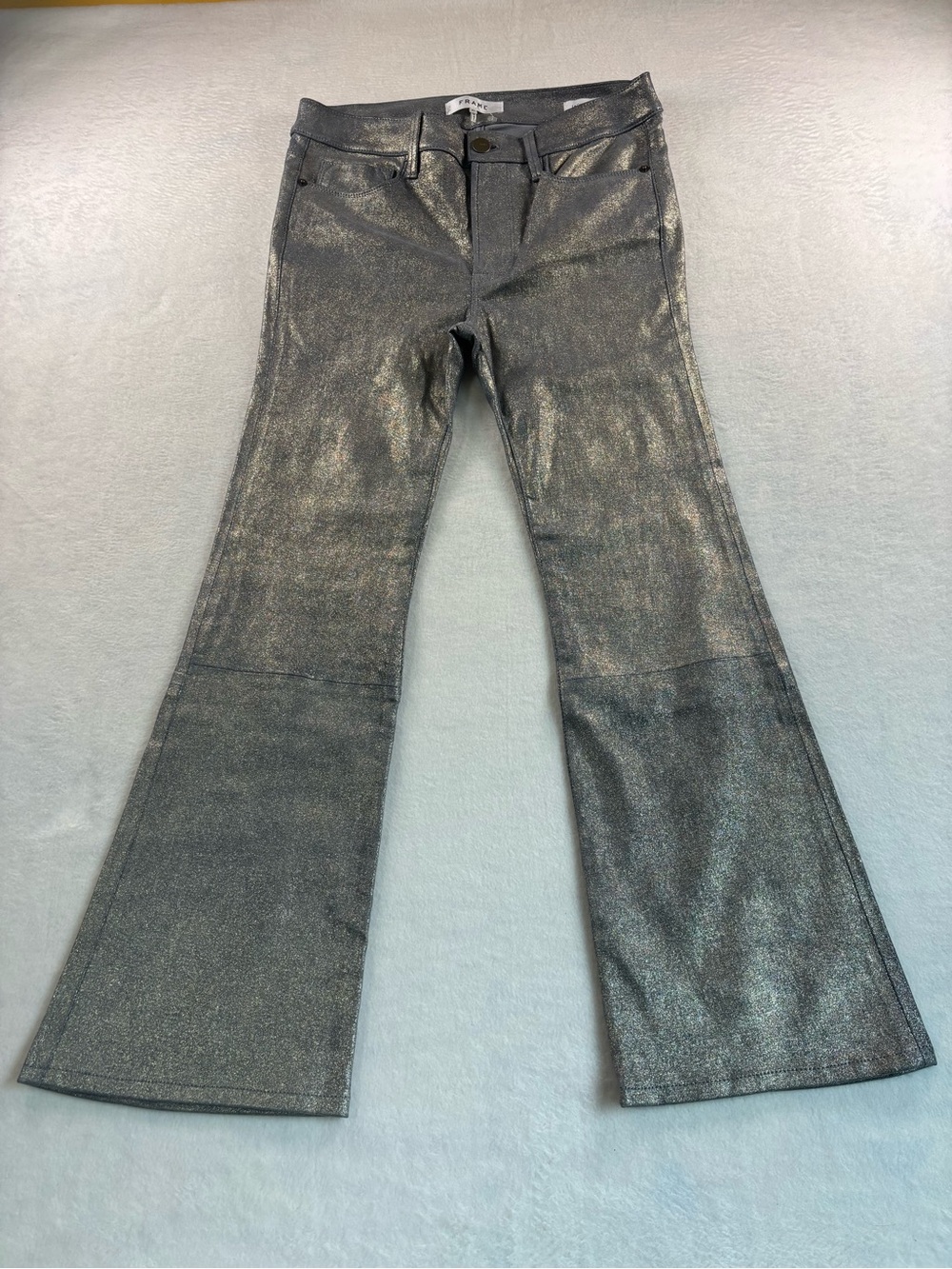 NWOT Frame Denim Metallic Silver Flare Jeans